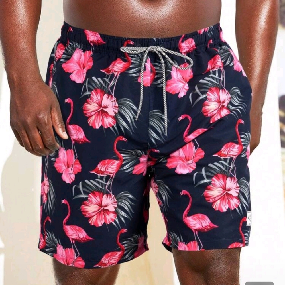 Men's Brand New, Navy Flamingo Print Swim Shorts - Pink Floral